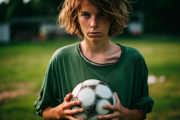Foto grátis vista do jogador de futebol adolescente com bola