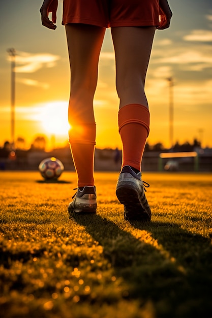 Foto grátis vista do jogador de futebol em campo ao pôr do sol