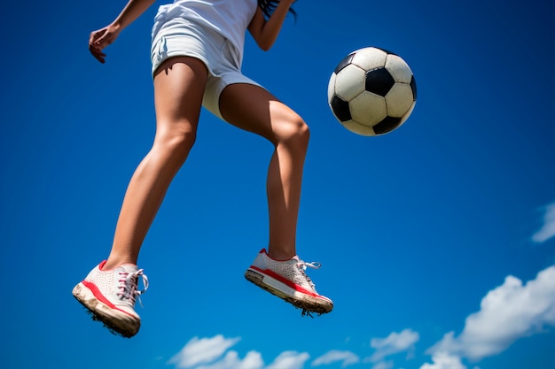 Vista do jogador de futebol pulando no ar com bola