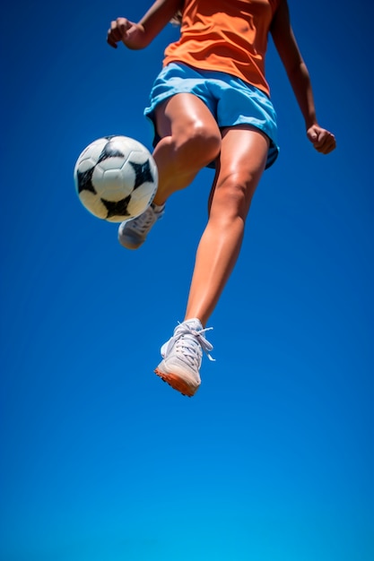 Vista do jogador de futebol pulando no ar com bola