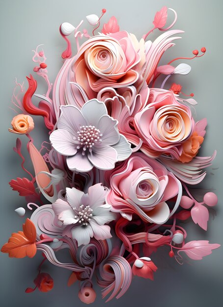 Vista do lindo arranjo de flores 3d abstrato