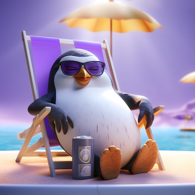 Vista do pinguim 3d animado de desenho animado na praia