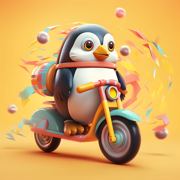 Foto grátis vista do pinguim 3d animado de desenho animado na scooter