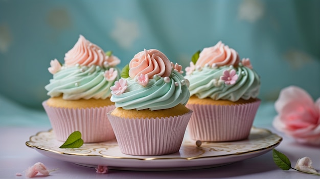 Vista do prato cheio de deliciosas e doces sobremesas de cupcake