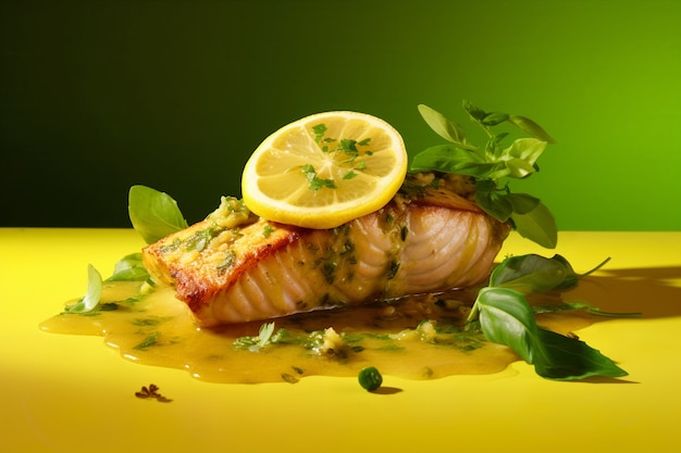 Vista do prato de peixe mahi-mahi com rodelas de limão