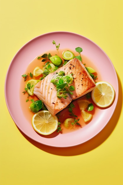 Foto grátis vista do prato de peixe mahi-mahi com rodelas de limão