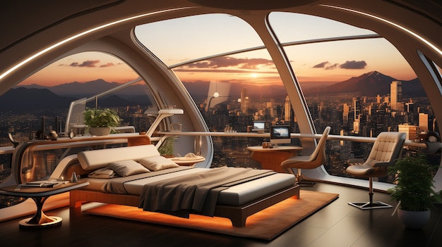 Vista do quarto com decoração e estilo futurista