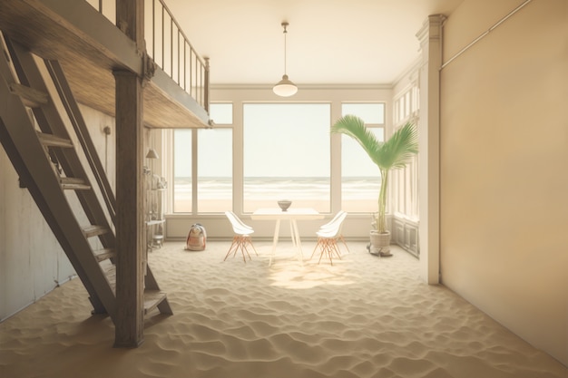 Vista do quarto dentro da casa com areia de praia e tempo ensolarado