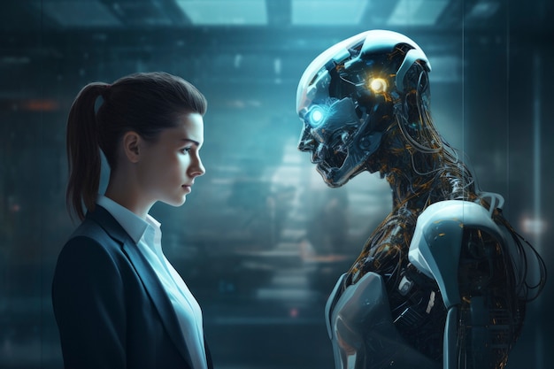 Vista do robô ao lado do empresário humano