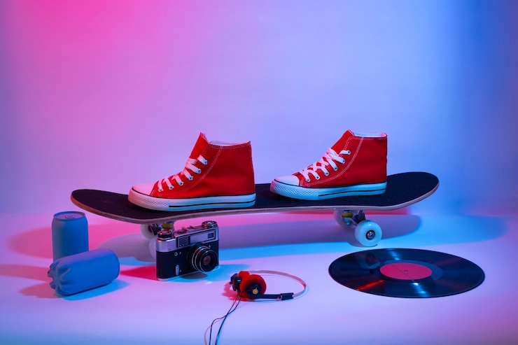 Foto grátis vista do skate com memorabilia retrô