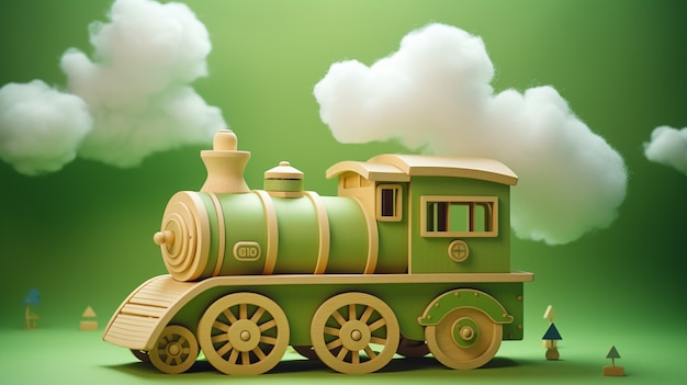 Vista do trem a vapor semelhante a um brinquedo em 3D