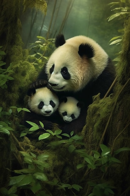 Vista do urso panda com filhotes na natureza