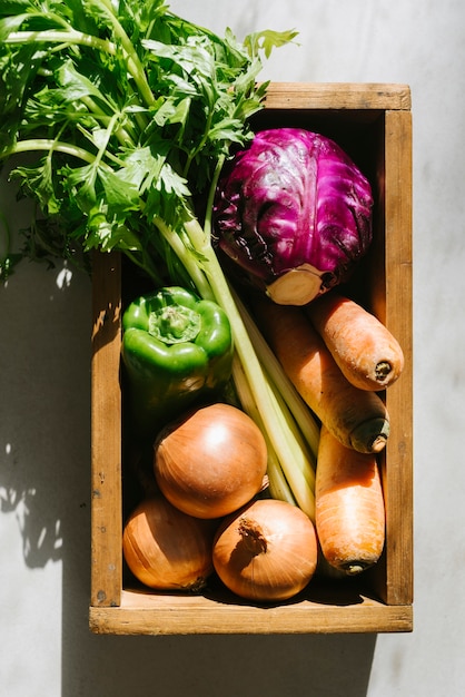 Foto grátis vista elevada de vegetais crus na bandeja de madeira