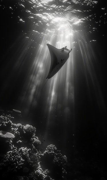 Foto grátis vista em preto e branco da manta-rai em seu ambiente natural subaquático