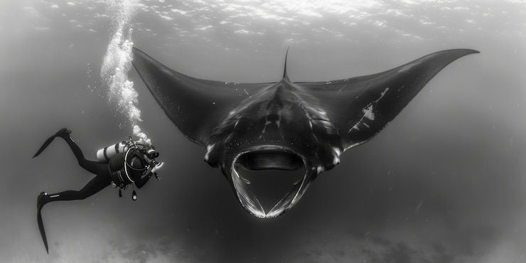 Foto grátis vista em preto e branco da manta-rai em seu ambiente natural subaquático