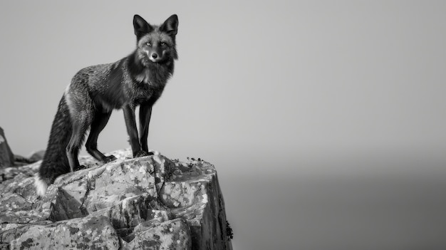 Vista em preto e branco de raposa selvagem em seu habitat natural