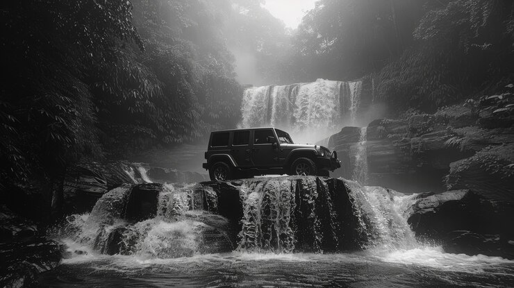 Foto grátis vista em preto e branco de um veículo off-road conduzido em terreno acidentado