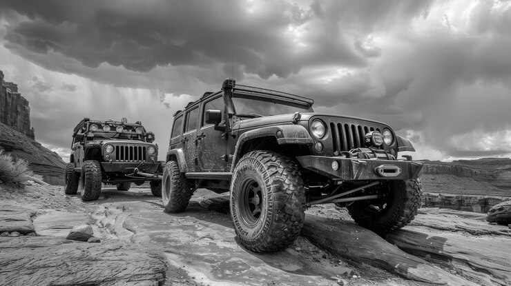 Foto grátis vista em preto e branco de um veículo off-road conduzido em terreno acidentado
