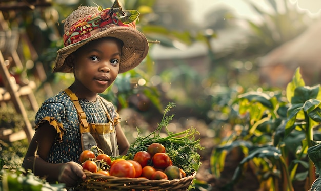 Foto grátis vista fotorrealista de pessoas africanas colhendo legumes e grãos