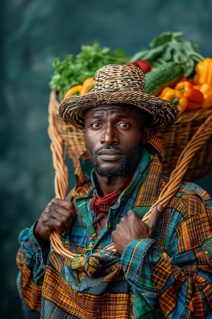 Vista fotorrealista de pessoas africanas colhendo legumes e grãos