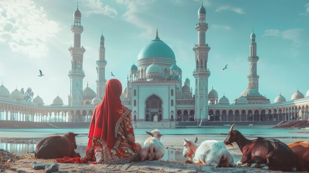 Vista fotorrealista de pessoas muçulmanas com animais preparados para a oferta do Eid al-adha