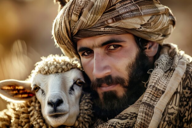 Vista fotorrealista de pessoas muçulmanas com animais preparados para a oferta do Eid al-adha