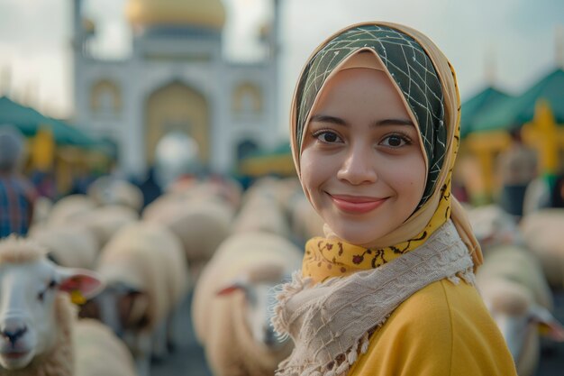 Vista fotorrealista de pessoas muçulmanas com animais preparados para a oferta do Eid al-adha