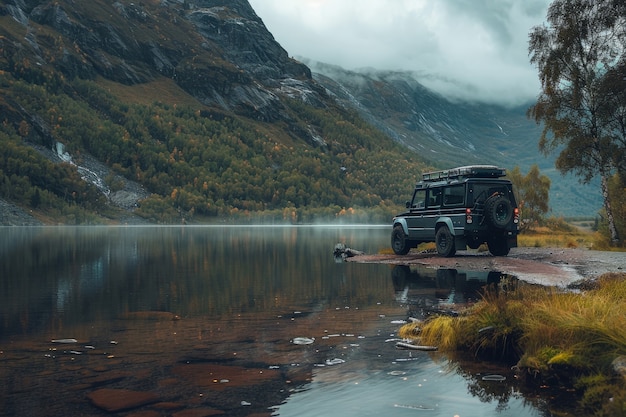 Foto grátis vista fotorrealista de um automóvel off-road com condições naturais de terreno e climáticas