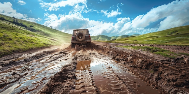 Foto grátis vista fotorrealista de um automóvel off-road com condições naturais de terreno e climáticas