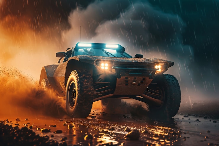 Foto grátis vista fotorrealista de um automóvel off-road com condições naturais de terreno e climáticas