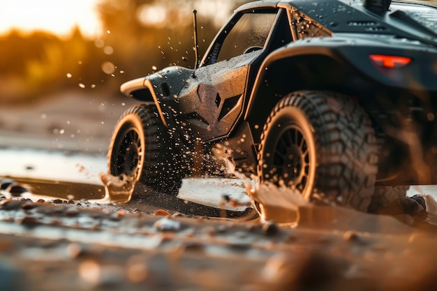 Vista fotorrealista de um veículo off-road com condições naturais de terreno e climáticas