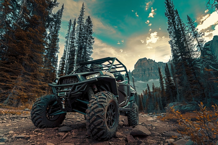 Foto grátis vista fotorrealista de um veículo off-road com condições naturais de terreno e climáticas