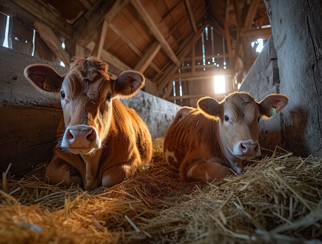 Vista fotorrealista de uma vaca no celeiro