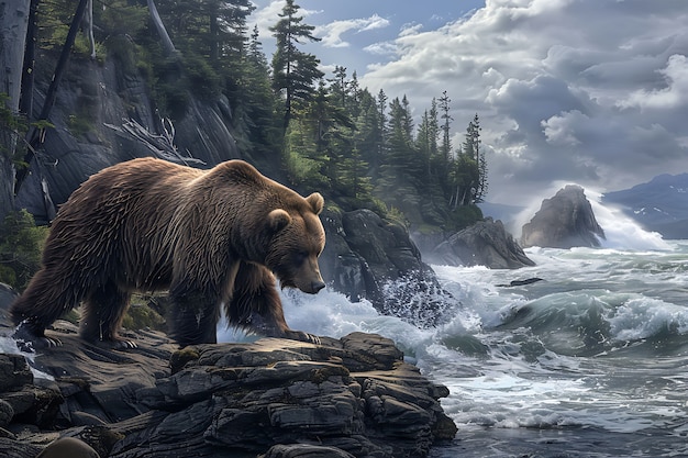 Foto grátis vista fotorrealista de urso selvagem em seu ambiente natural