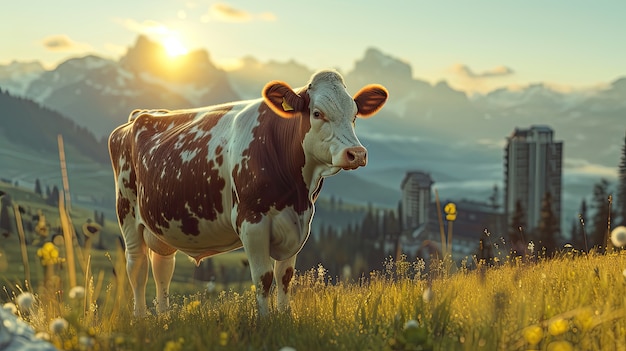 Foto grátis vista fotorrealista de vacas pastando ao ar livre com paisagem urbana