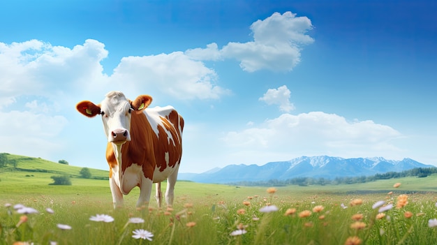 Vista fotorrealista de vacas pastando na natureza ao ar livre