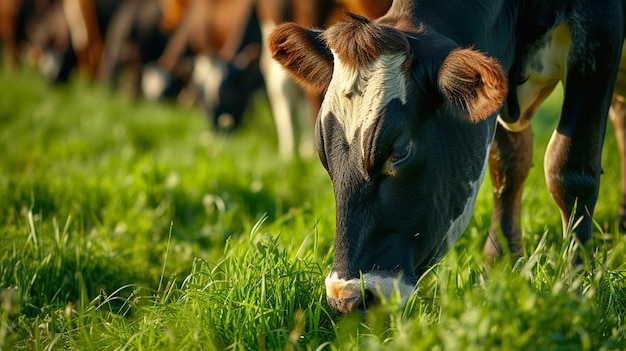 Vista fotorrealista de vacas pastando na natureza ao ar livre