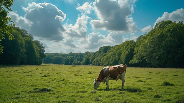 Vista fotorrealista de vacas pastando na natureza ao ar livre