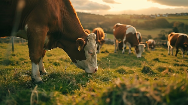 Vista fotorrealista de vacas pastando na natureza ao ar livre