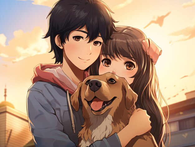 Vista frontal anime casal abraçando cão