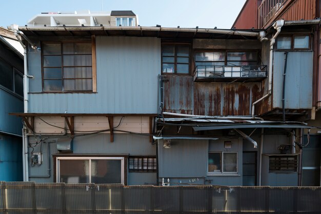 Vista frontal da casa abandonada com cerca enferrujada