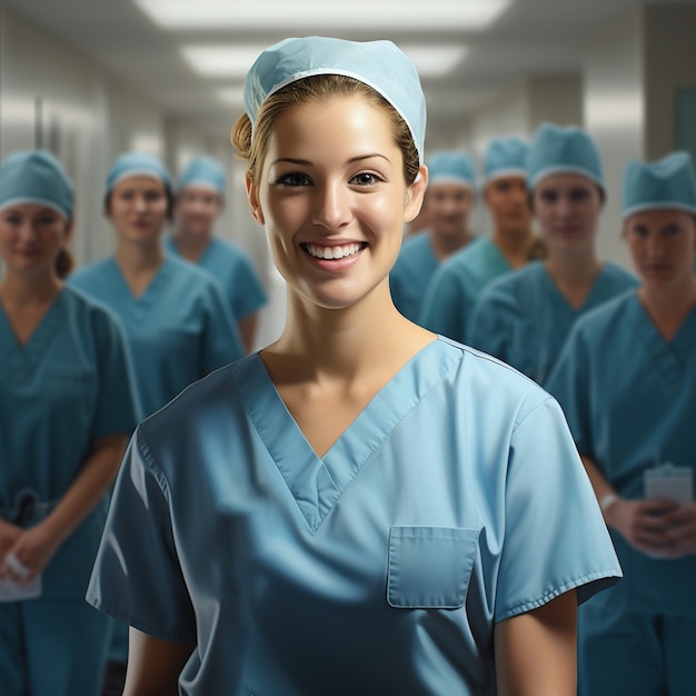 Vista frontal da equipa de enfermeiros no hospital