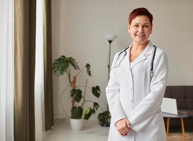 Vista frontal da médica mais velha do centro de recuperação cobiçoso sorridente com espaço de cópia