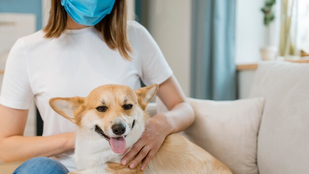 Vista frontal da mulher com máscara médica acariciando seu cachorro no sofá