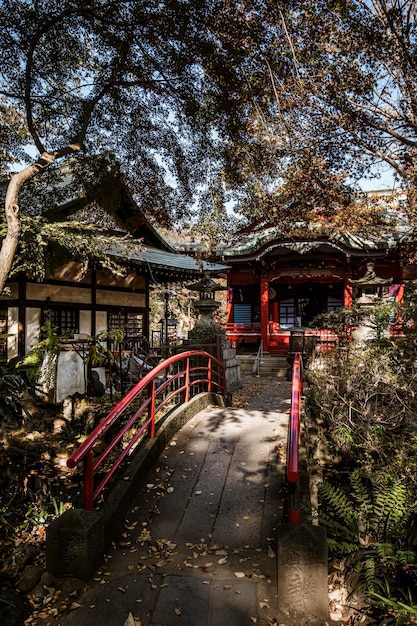 Vista frontal da ponte com templo japonês