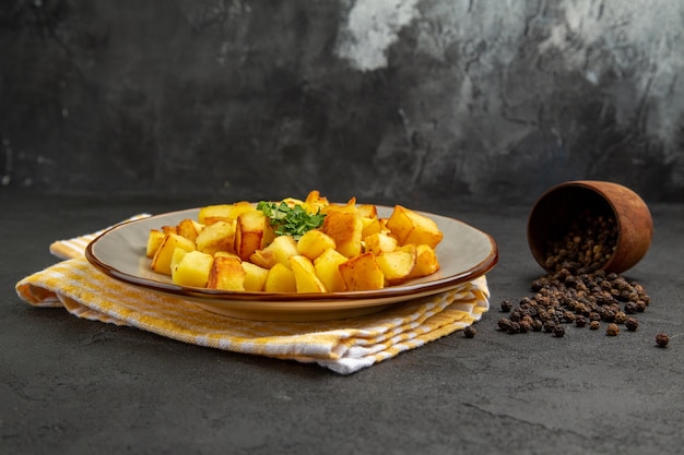 Foto grátis vista frontal de batatas fritas saborosas dentro do prato com temperos em uma mesa escura