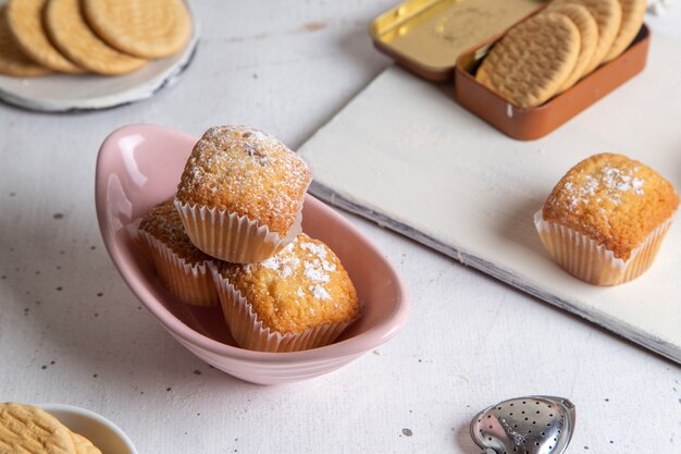 Vista frontal de pequenos bolos deliciosos com açúcar em pó e biscoitos redondos na superfície branca