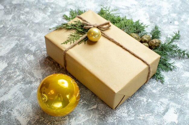 Vista frontal de presentes de Natal com galho verde e brinquedos em fundo branco