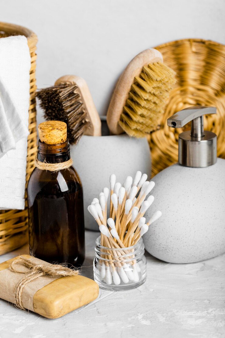 Foto grátis vista frontal de produtos de limpeza ecológicos com cotonetes