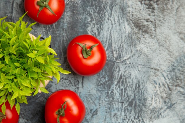 Vista frontal de tomates frescos com planta verde